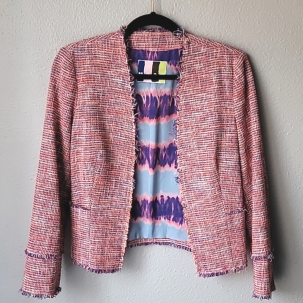 MSGM Tweed Fringe Open Front Jacket Printed Lining Pink Multi Italian Size 38